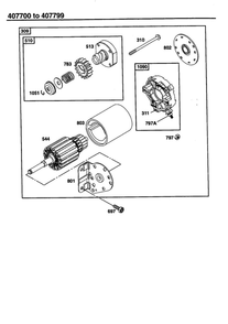 Starter Motor Diagram and Parts List for 407700-407799 0122-0124-0128 Briggs and Stratton Engine